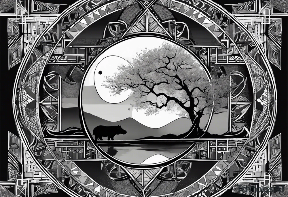 Very asymmetrical, +geometric pattern, with realistic full moon, with hippo,+tribal, +geometric, +inkart , +blackwork, +grey scale, + sketch
with wintersweet flower bud, +inkart touch, +for men, detailed , combined favourite , tattoo idea