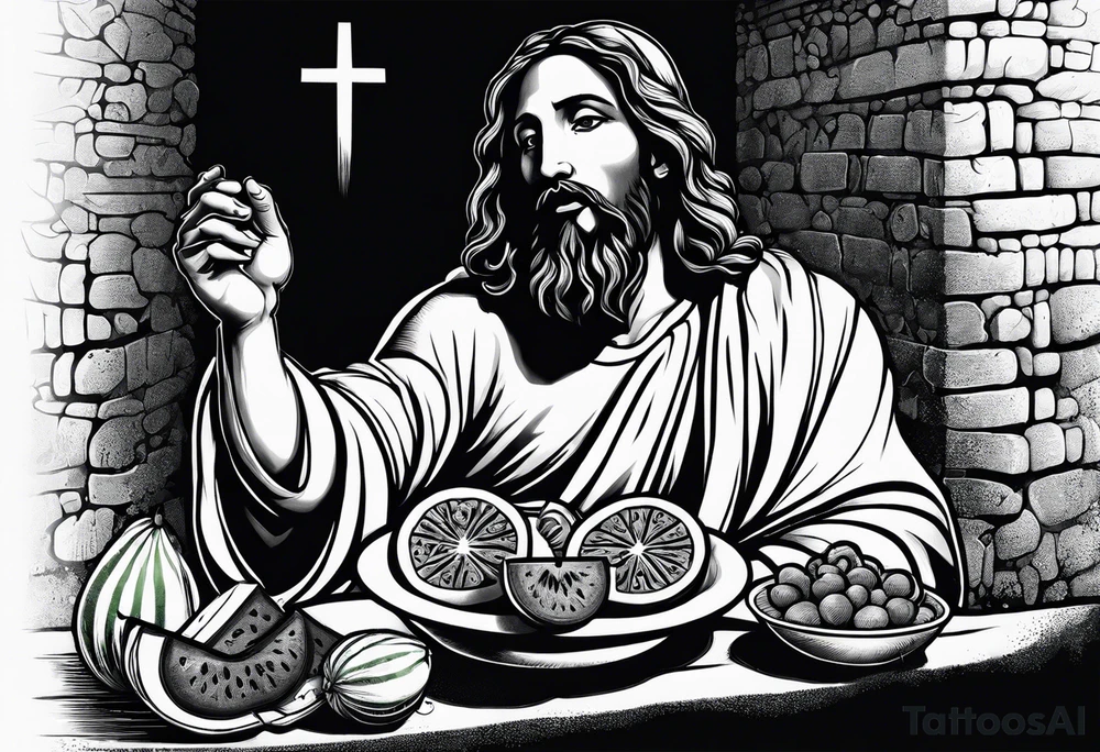 jesus at the last supper eating a watermelon tattoo idea