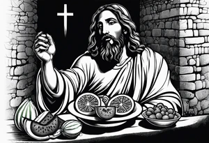 jesus at the last supper eating a watermelon tattoo idea
