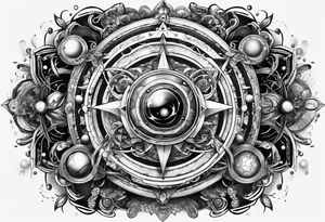 universe full of atoms and spiritual symbols tattoo idea