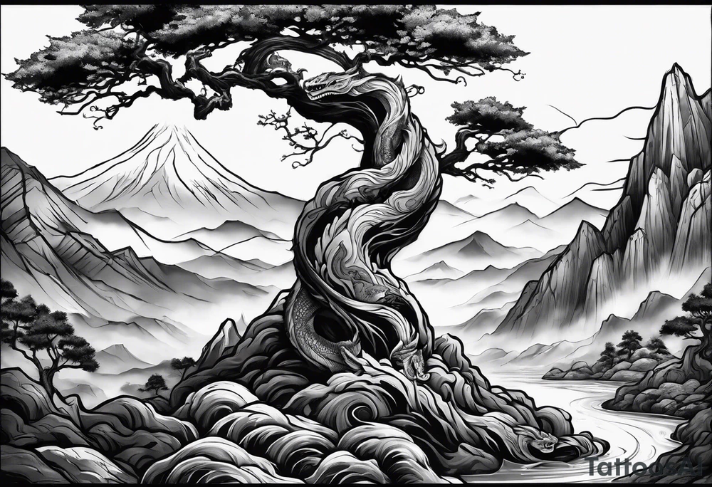 Full arm sleeve, tree going up to shoulder dead tree going down to wrist, wrapped in a serpent moving down with mountain, water, and demon tattoo idea