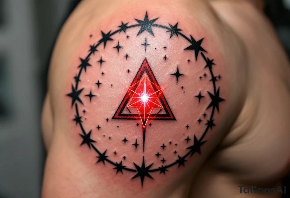Bold black stars outline the Libra constellation while a red-ink glyph glows from the center. tattoo idea