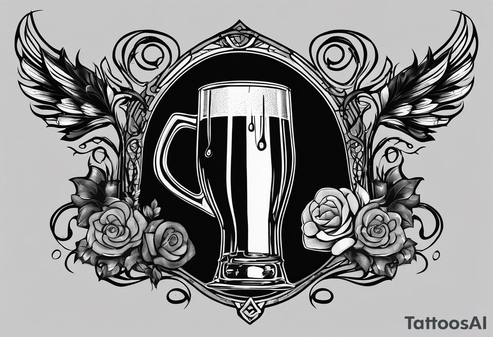 "Cheers Mate" text black and grey ink armband, intricate, artistic +abstract +grey Cancer Ribbon +toasting bourbon glass tattoo idea