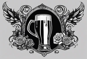 "Cheers Mate" text black and grey ink armband, intricate, artistic +abstract +grey Cancer Ribbon +toasting bourbon glass tattoo idea