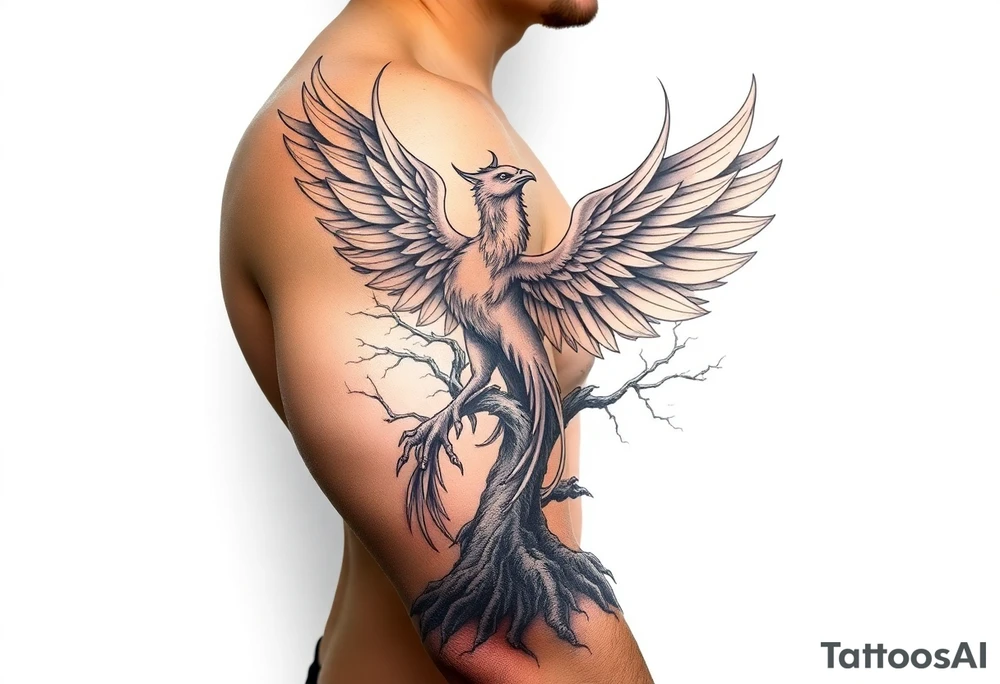 Powerful Phoenix rising from tree of life tattoo idea