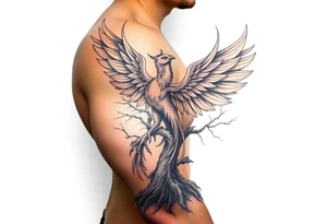 Powerful Phoenix rising from tree of life tattoo idea