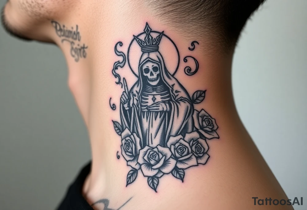 Evil Santa muerte rising out of smoke surrounded by 
 roses tattoo idea