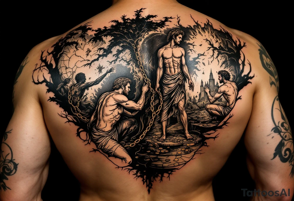 Design a full back tattoo that represents the struggles of betrayal, financial loss, relationship breakup, loss of job, loss of self, and death of a loved one, inspired by Greek mythology and art. The tattoo should be reminiscent of a Greek painting, particularly illustrating the trials of Hercules. Each struggle should be depicted as a symbolic labor, with each one portrayed as a scene on the back. For example:

Betrayal: A scene of a broken, jagged heart surrounded by shadows, with a figure turned away in mistrust.
Financial Loss: A treasure chest overturned, with coins spilling out, and a figure kneeling in despair.
Relationship Breakup: Two intertwined figures tearing apart, with one side showing broken chains or a shattered heart.
Loss of Job: A man in tattered clothing, walking away from a ruined, burning building.
Loss of Self: A figure looking at their shattered reflection in a broken mirror, symbolizing identity lost.
Death of a Loved One: A scene of a person in mourning, standing by a grave, with a winged figure representing the spirit of the deceased.
Ensure the design has an ancient, classical Greek aesthetic, with detailed lines, natural poses, and a narrative flow, similar to the style of ancient Greek pottery or frescoes." tattoo idea