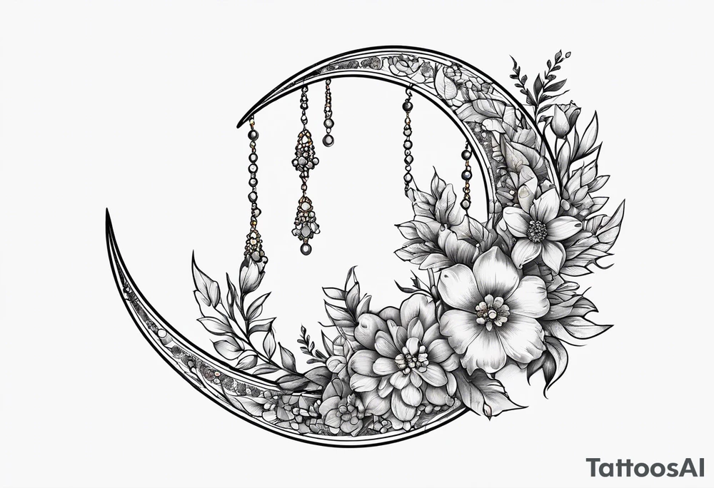 Crescent moon with flowers and beading tattoo idea