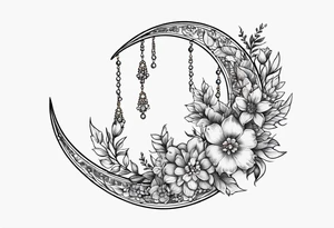 Crescent moon with flowers and beading tattoo idea