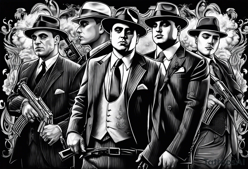 group of gangsters including Al Capone and bonnie and Clyde with machine guns surrounded by smoke and fire tattoo idea