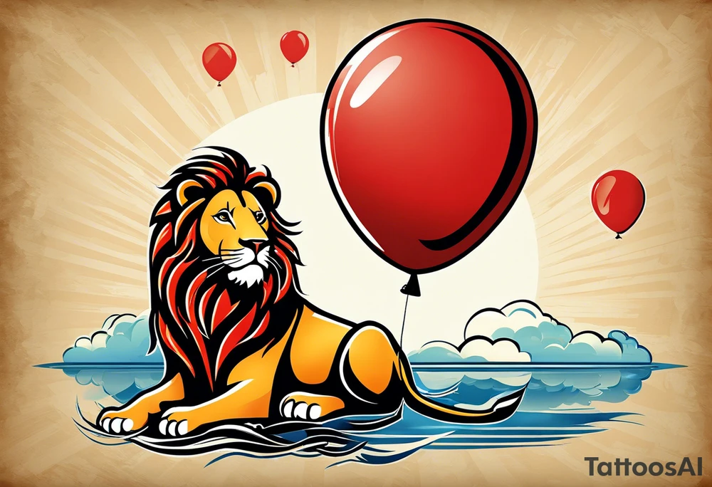 tattoo design should be in the layout of the famouse picture"small princ"  where it should remind me that I survived,and my life was saved by my husband, and he should be represented in the tattoo as a young lion holding a balloon held in the muzzle.
The baloon which is red and in Hearth shape. The whole body of lion should be visible and more abstract not so realistic.The lion is holding the string of the baloon in the muzzle. The string from the balloon should have a heartbeat pulse.The baloon should be red colored, and the rest of the image should be black only. tattoo idea