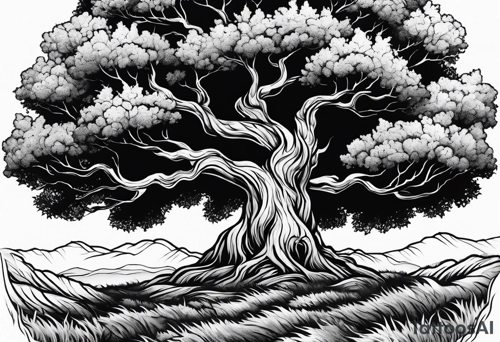 enormous old tree standing in the middle of a field engulfed in flames of fire tattoo idea