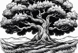 enormous old tree standing in the middle of a field engulfed in flames of fire tattoo idea