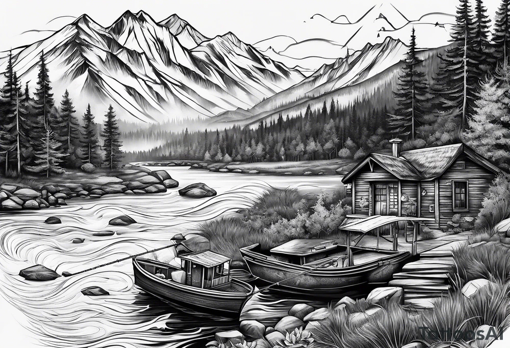 fishing lure mountains tattoo idea