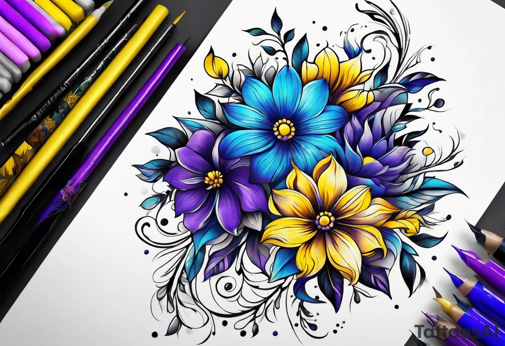 Blue yellow and purple flowers arm sleeve tattoo idea