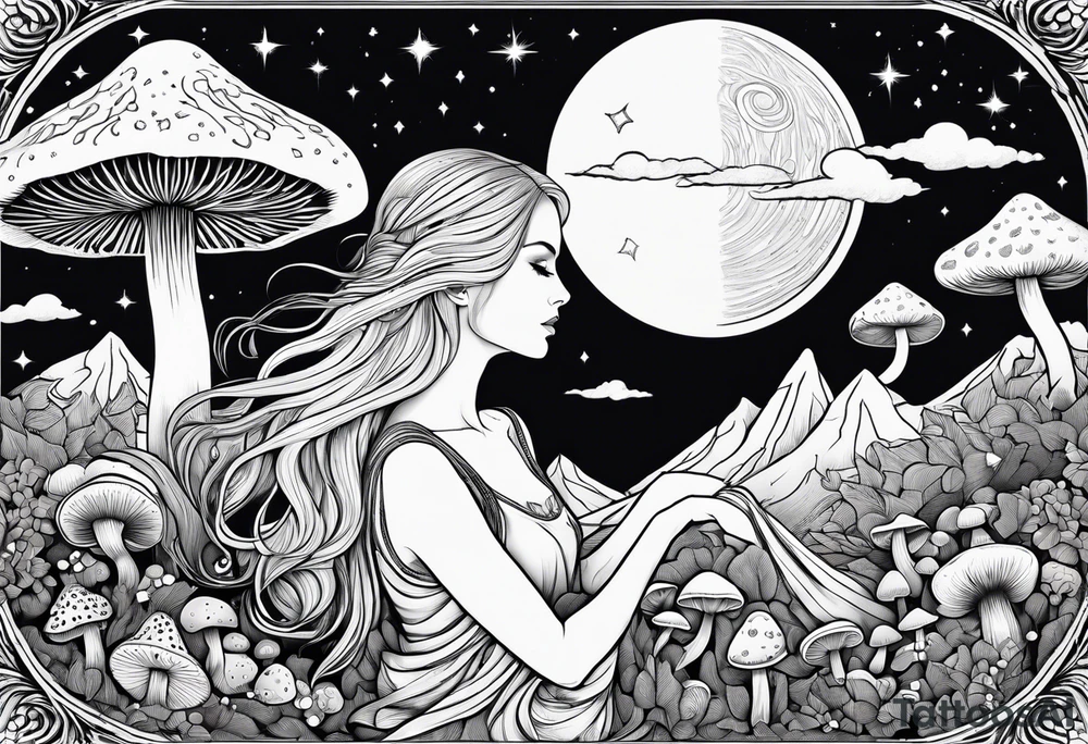Blonde long straight hair older woman surrounded by mushrooms facing mountains crescent moon background tattoo idea