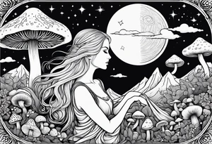 Blonde long straight hair older woman surrounded by mushrooms facing mountains crescent moon background tattoo idea