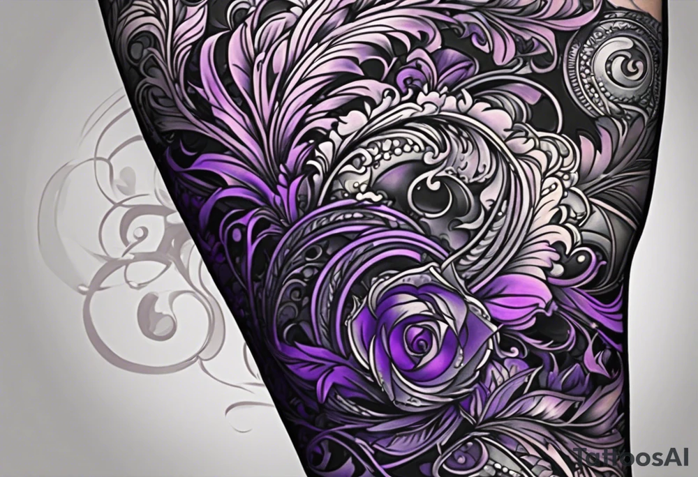 lines around wrist, abstract, black and purple, covered from wrist to forearm, fully covered, no borders, blackwork, no faces tattoo idea