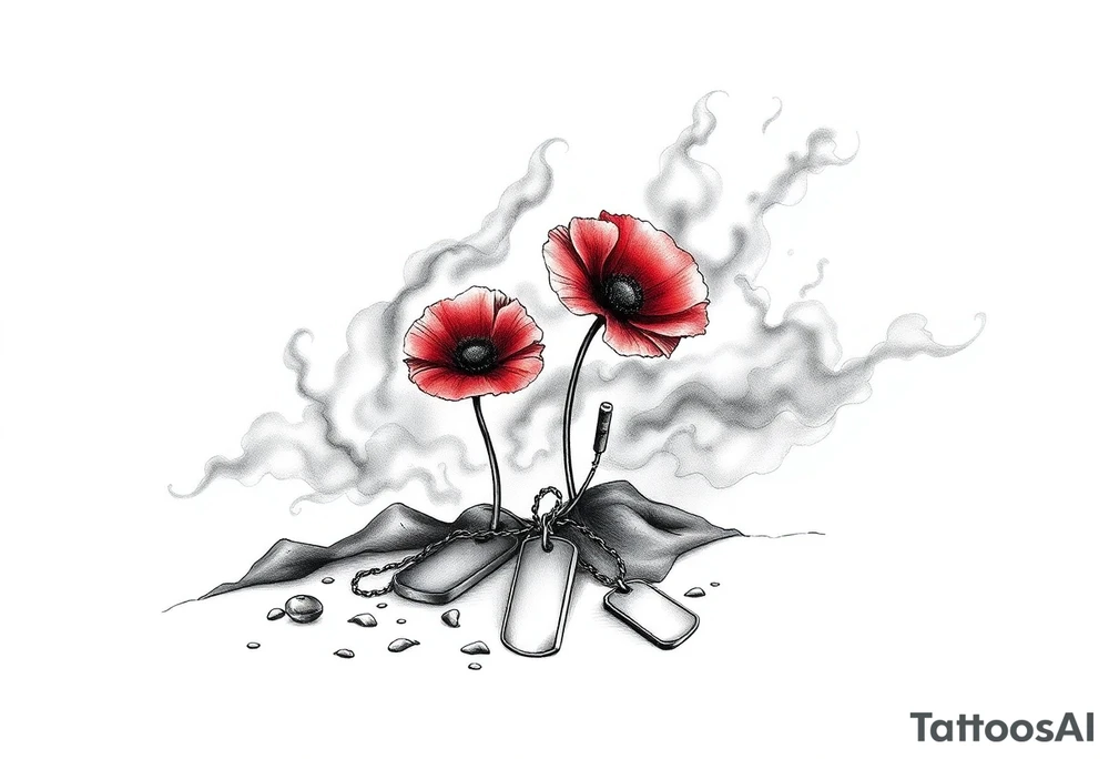 War zone with 2 poppy’s growing out of the smoke with dog tags laying on the ground tattoo idea