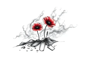 War zone with 2 poppy’s growing out of the smoke with dog tags laying on the ground tattoo idea