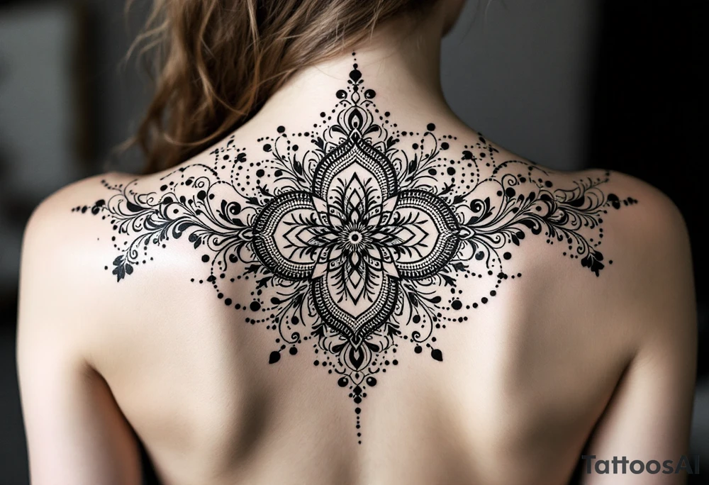 full back tattoo design with symmetrical ornamental patterns, combining dotwork, mandala elements, and flowing lines that follow the natural curves of the body. The design is intricate and balanced.” tattoo idea