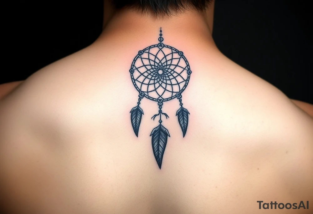 Neck piece with a beautiful dream catcher with 3 names attached to the leaves tattoo idea