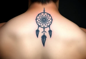 Neck piece with a beautiful dream catcher with 3 names attached to the leaves tattoo idea