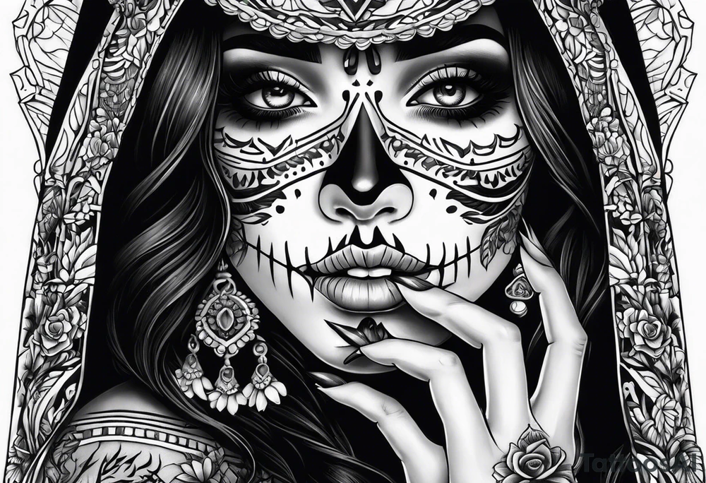 realistic mexican la catrina tattoo, finger on her lip, black hair, skeleton bone tattoo on her hand tattoo idea