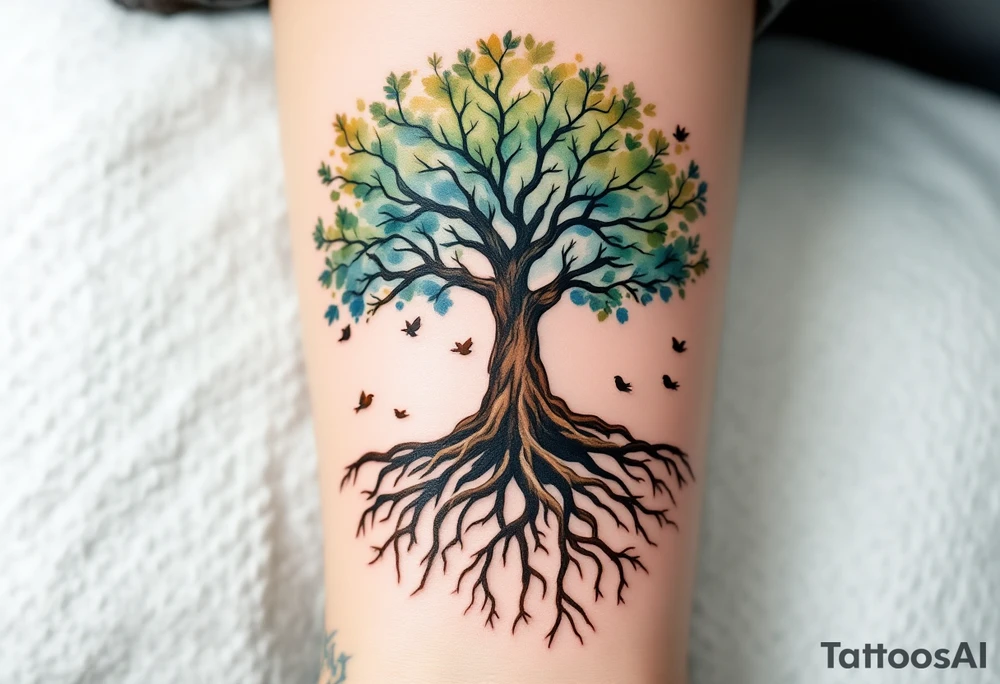 Watercolor Family Tree with Roots and Birds – A wide oak tree with sprawling roots, soft watercolor shades of green, brown, and blue, and small birds flying from the branches, each representing a family member. tattoo idea