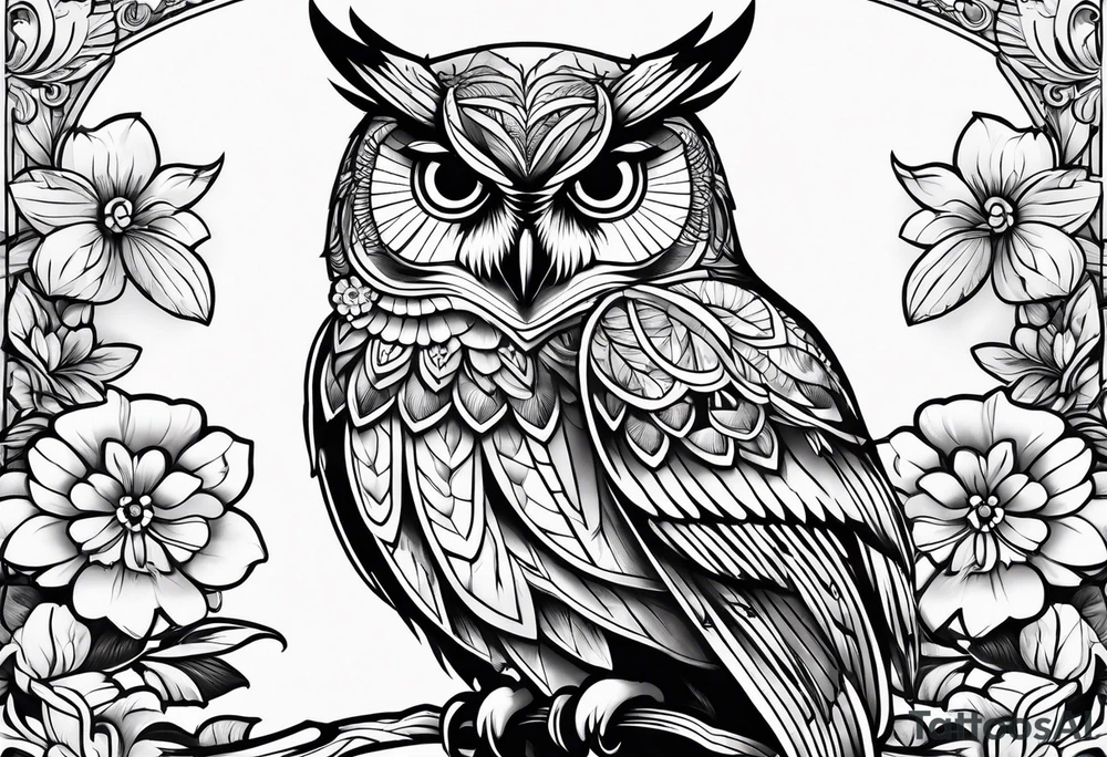 female owl with flowers tattoo idea