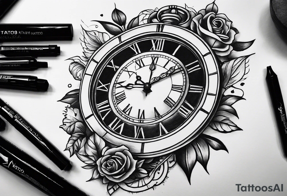 Draw me a tattoo located on the shoulder and upper arm of a man. The tattoo represents a clock and  an hourglass with Roman numerals in the background. It is a symbol of the passing of time. tattoo idea