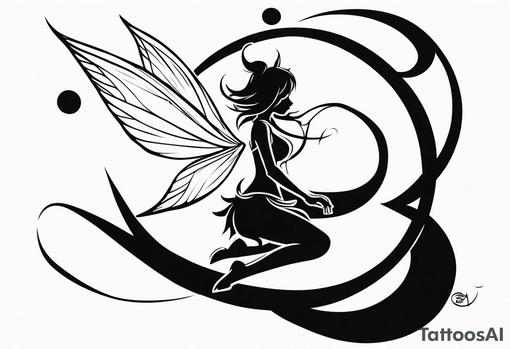 A fairy with a tail inspired by the logo of the show called Fairy Tail in a fetal position leaning in tattoo idea