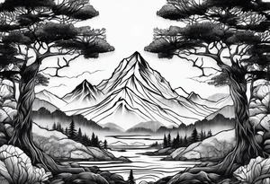 Three mountains three trees with roots tattoo idea