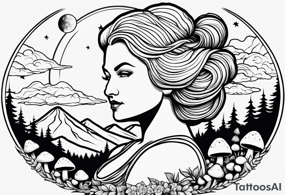 Older blonde fat woman no makeup surrounded by mushrooms mountains crescent moon background tattoo idea