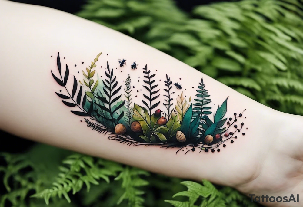forest floor inspired minimalist tattoo, which includes grass, curly ferns, moss and dead leaves as the bulk of the tattoo. details to include: forest berries, a tiny bumblebee flying nearby, three small brown mushrooms
Generate a vertically long one tattoo idea