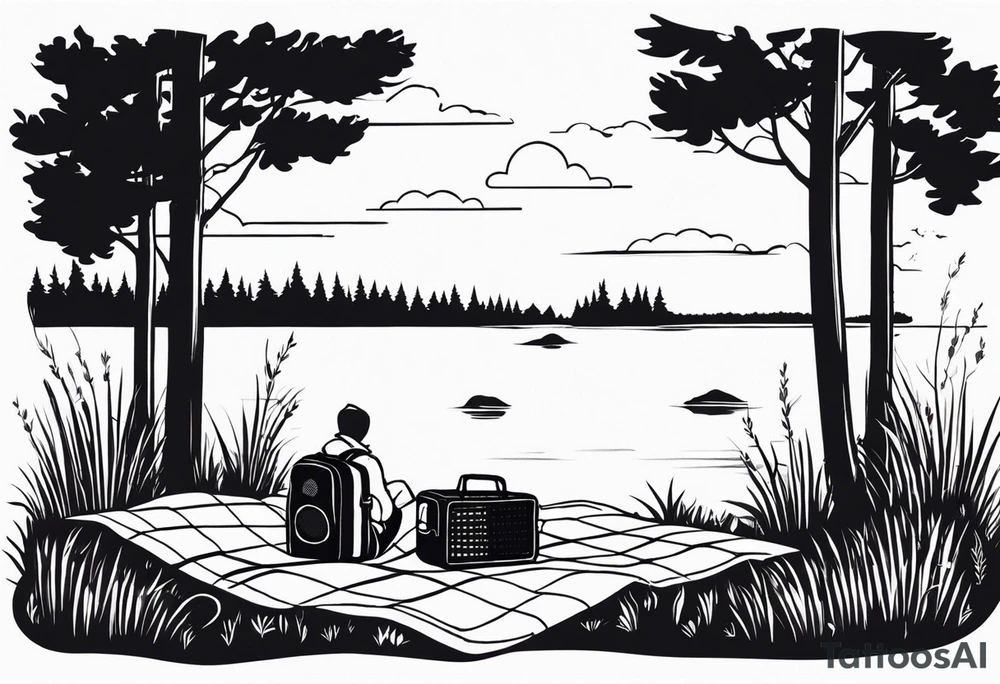 Very minimalstic picnic scene in nature by a lake, with trees and bushes. A blanket on the ground with one picnic-basket with lid, one backpack, one old speaker and 2-3 pillows to sit on and tennants. tattoo idea