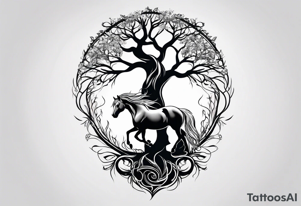 Realistic Horse and Yggdrasil tree tattoo idea