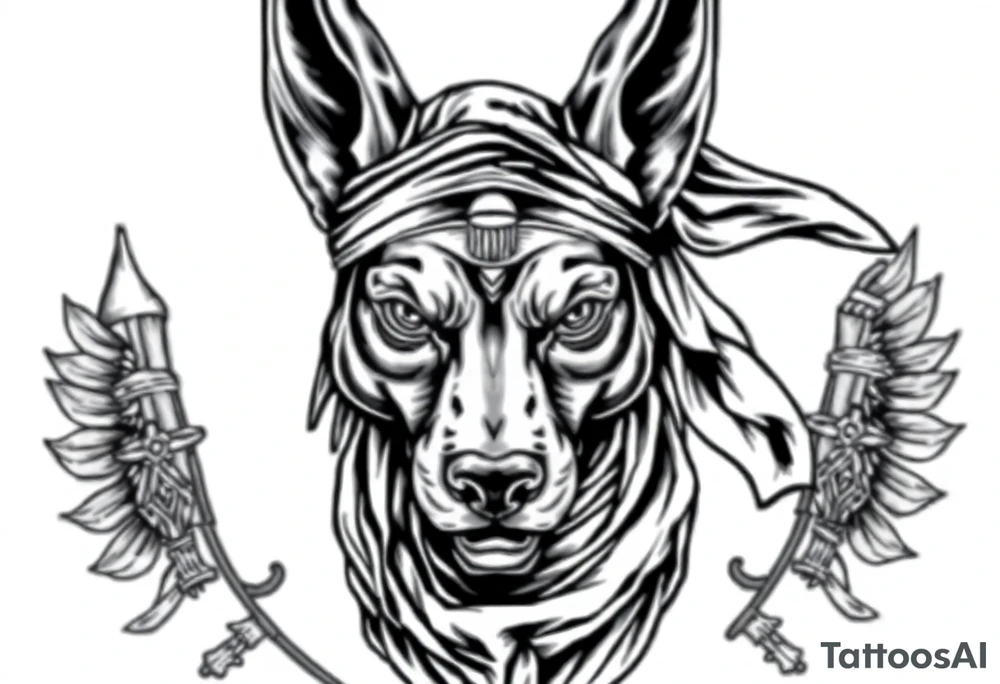 Egyptian Anubis god face muscle in Egypt style  with scarf on head

dog face surrounded Egyptian symbols based on elements tattoo idea