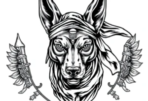 Egyptian Anubis god face muscle in Egypt style  with scarf on head

dog face surrounded Egyptian symbols based on elements tattoo idea