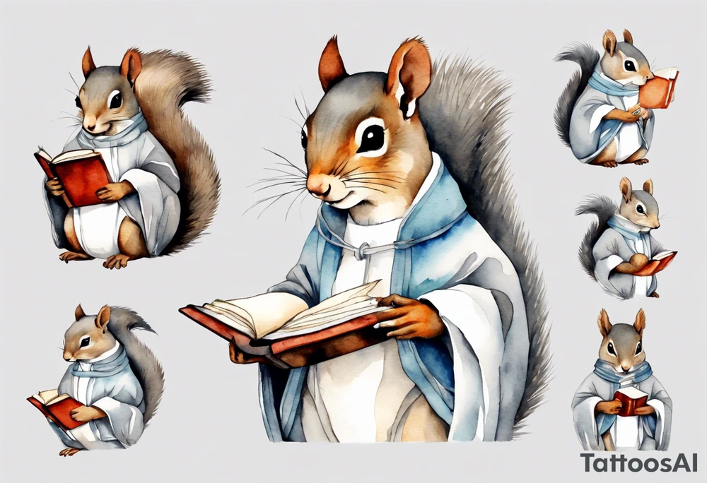 a grey squirrel dressed in a tunic holding a closed book closed tattoo idea