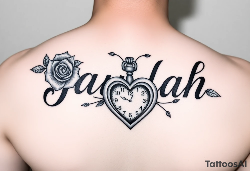 The name Jaylah With Roses and Foot Print and Pocket watch shaped like a Heart on forearm tattoo idea