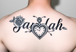 The name Jaylah With Roses and Foot Print and Pocket watch shaped like a Heart on forearm tattoo idea