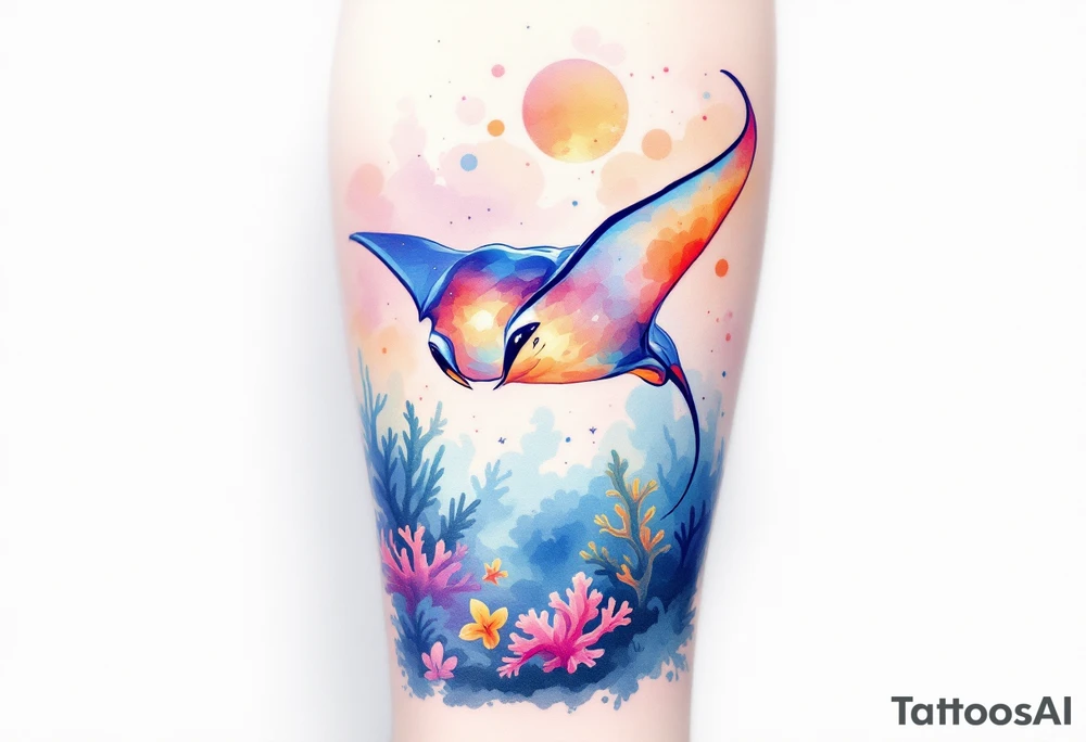 Manta ray swimming, coral reef bellow for forearm tattoo idea