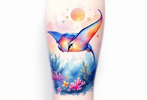 Manta ray swimming, coral reef bellow for forearm tattoo idea