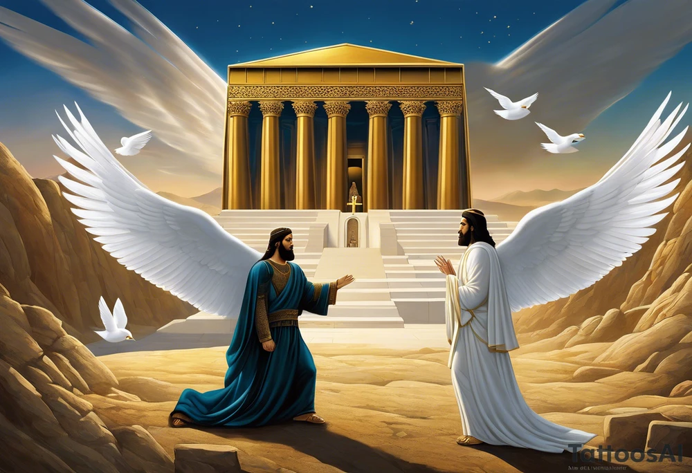 A surreal and dramatic scene featuring two figures: Cyrus the Great and Jesus Christ, standing side by side. The tomb of Cyrus the Great is in the background, partially visible, symbolizing history and legacy. A white dove is flying gracefully above or near them, symbolizing peace. The image is integrated seamlessly to create a powerful and unified visual representation. The composition should evoke a sense of reverence, unity, and tranquility. tattoo idea