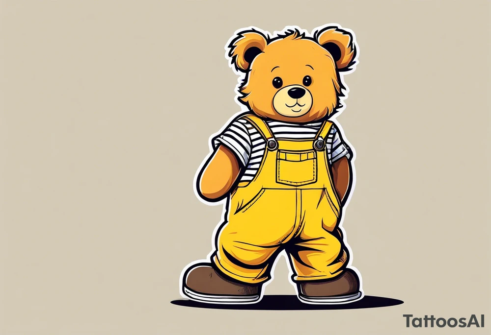 the image of the back of a light brown teddy bear standing in yellow overalls, white tank top, striped boots and holding his left arm up tattoo idea