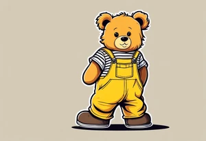 the image of the back of a light brown teddy bear standing in yellow overalls, white tank top, striped boots and holding his left arm up tattoo idea
