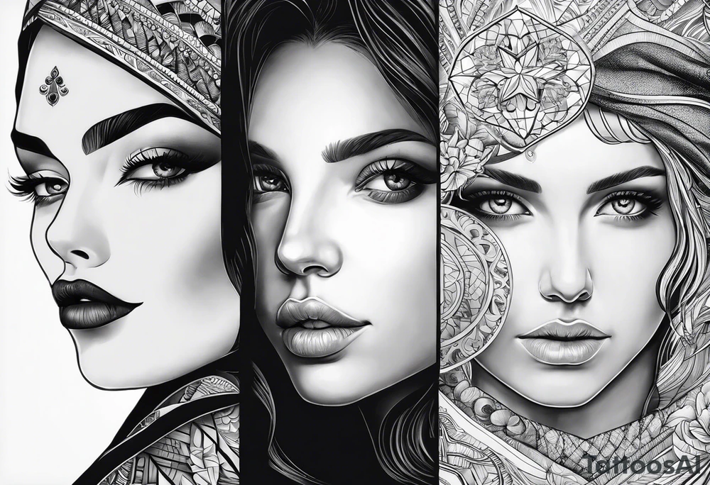 Three women's faces next to each other. The woman on the left a young woman18yo, the middle  is a mother40 yo the right is a grandmother 70yo tattoo idea