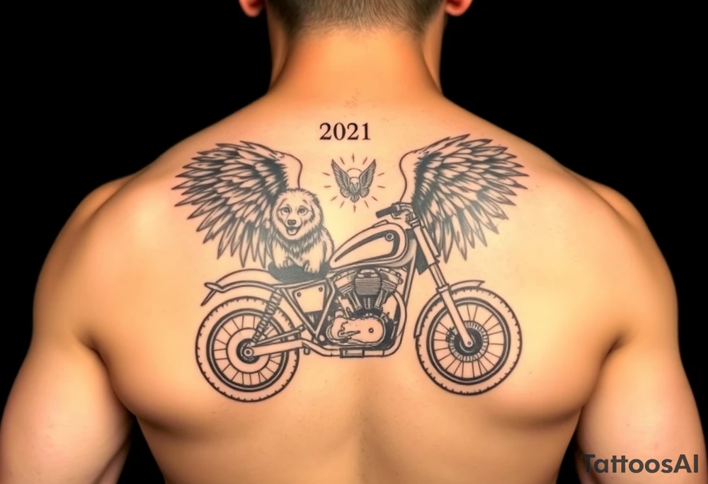 the year 1958 - 2021 with a motorcycle on it with guardian angel wolves tattoo idea
